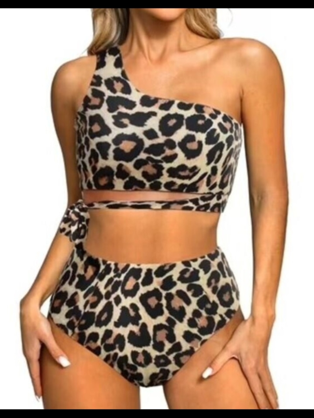 Moshu One-Shoulder Leopard Print High-Waist Bikini (L)